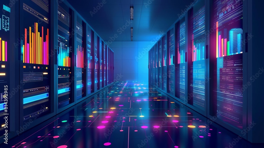 Fototapeta premium The image shows a futuristic data center with colorful lights and servers.