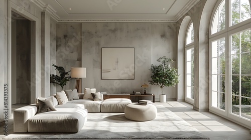 A state-of-the-art monochromatic living room display showing a harmonious blend of soft grays from light to dark, rendered hyperrealistically with detailed visuals and a cool, subdued color palette.