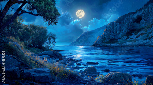 Rocky seashore  sea and moon lights. Mystery blue night landscape