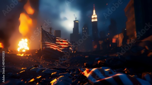 American flag burning in the night city. 3D Rendering.