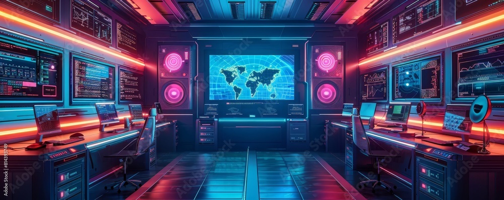 The image shows a control room of spaceship with blue and red lights. There are many screens on the walls and a large screen in the center.