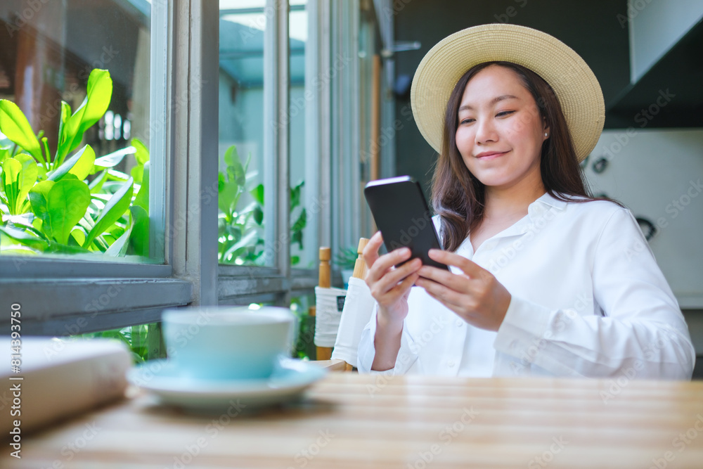 Portrait image of a beautiful young woman with hat holding and using mobile phone Portrait image of a beautiful young woman with hat holding and using mobile phone