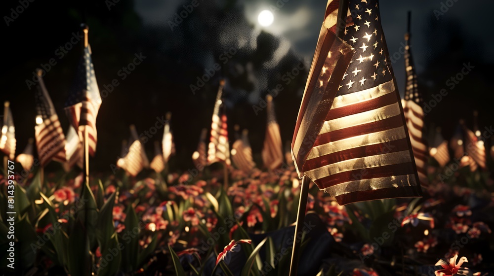 American flag on a grave at cemetery at night. Memorial day concept ...