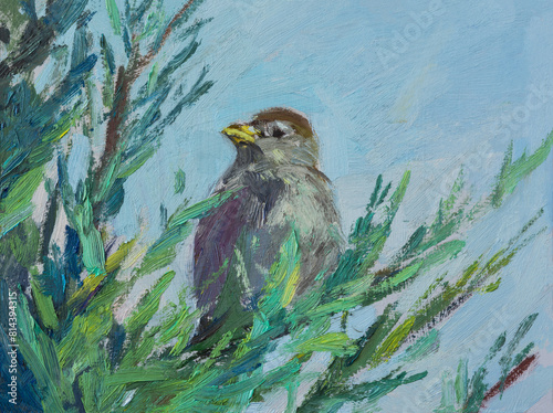 Sparrows oil painting. Author's illustration of birds on a branch. A quick sketch from nature. Etude. The texture of the brushstrokes in close-up. Vintage paint drawing. Artwork, modern impressionism