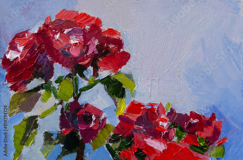 Red roses oil painting. Artistic floral background. Beautiful illustration of red flowers on a blue sky background. Original oil painting. Modern art, a hand-drawn painting. Impressionism. Copy space