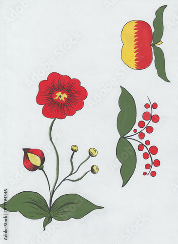 Decorative flowers painting graphics. Stylized red poppies hand-drawn in gouache on paper. Decorative design element on a white background. Not cut out. The concept of beauty, a creative approach