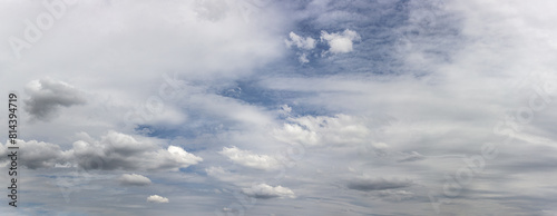 horizon panorama with white clouds on overcast blue sky.