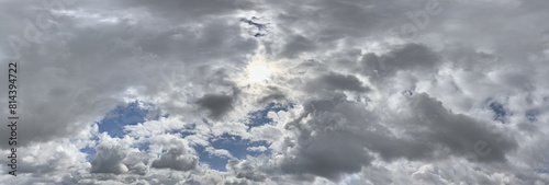 dramatic sky with dark clouds and sun. wide cloudscape panorama.