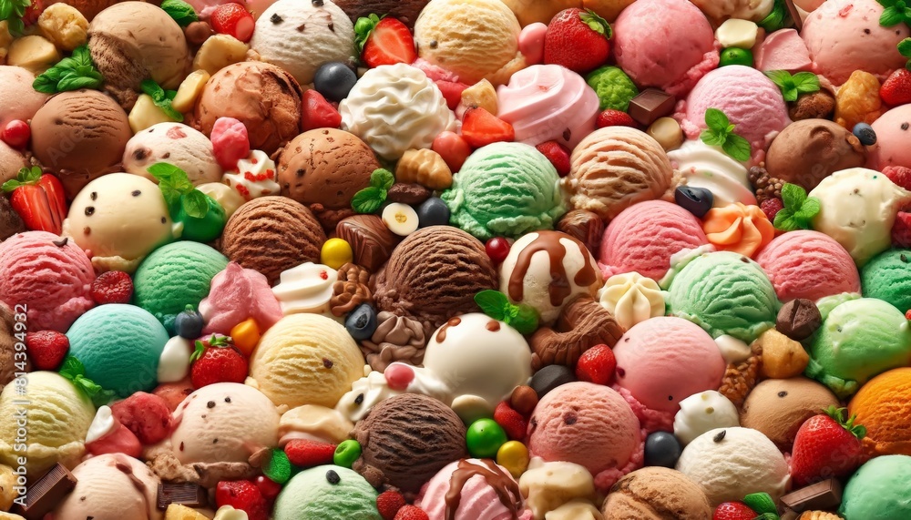 This full background image is covered with colorful scoops of various ice cream flavors, including chocolate, vanilla, strawberry, mint, and pistachio. 