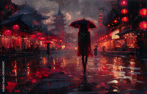 woman walking rain umbrella red lighting street lanterns shining amazing evil spirits roam jack ducker roofs