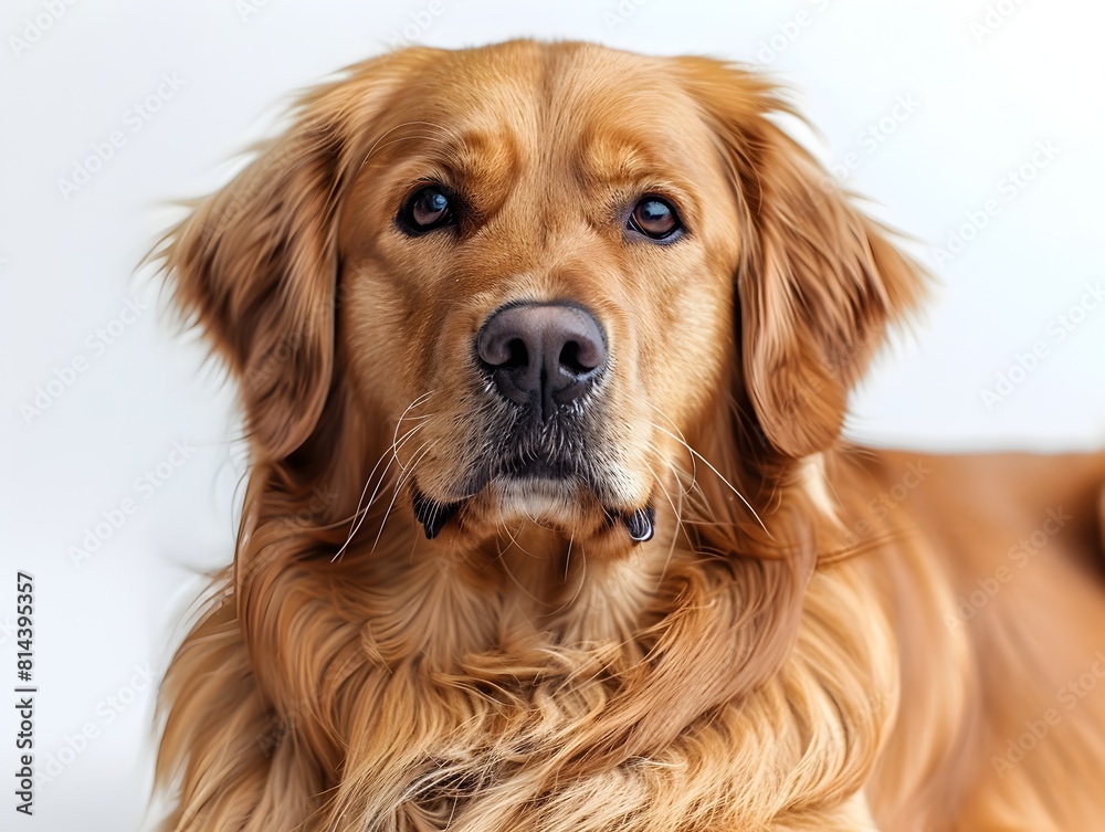 Friendly Golden Retriever Dog Sitting Isolated on White Background with Soft Fur and Captivating Friendly Golden Retriever Dog Sitting Isolated on White Background with Soft Fur and Captivating