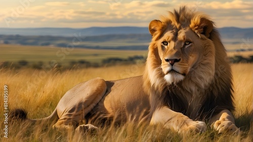  A majestic lion resting in the grasslands  with a golden mane flowing in the wind. --ar3 2 --v 4 