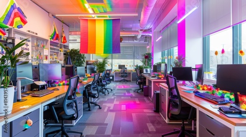Modern tech office decorated for pride month with employee wearing pride-themed working happily photo