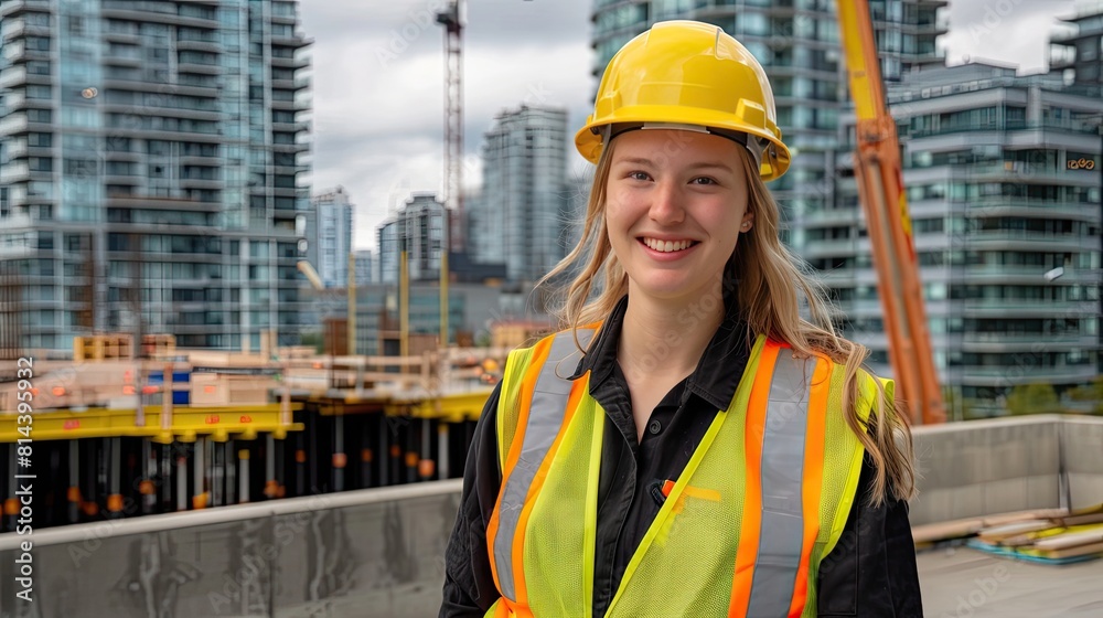 smiling female construction worker in a hard hat and reflective vest, skyscraper construction site behind smiling female construction worker in a hard hat and reflective vest, skyscraper construction site behind