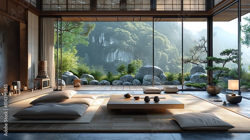 Advanced Zen living room setup displaying a minimalist approach with emphasis on open space and natural lighting  hyperrealistically depicted with sharp graphics and a serene  muted color scheme.