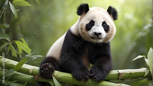  An adorable pandaing on bamboo shoots with its black and whitefur. --ar 3 2 --v 4 