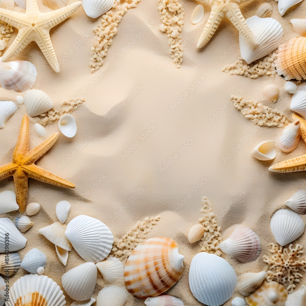 Seashells, starfish and sea pebbles frame on beach sand background. Natural seashore textured surface, top view, copy space
Seashells, starfish and sea pebbles frame on beach sand background. Natural seashore textured surface, top view, copy space