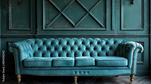 Close-up of a living room interior focusing on a vintage Victorian sofa set against a backdrop of a modern geometric wall, showing hyperrealistic details of style fusion, no people 