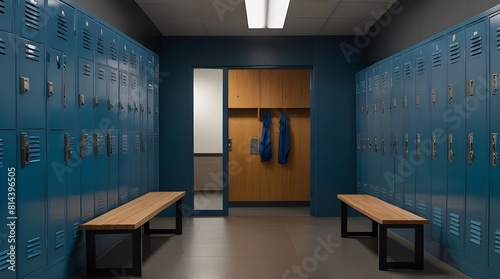 Blue metal storage lockers with an accompanying wooden.generative.ai