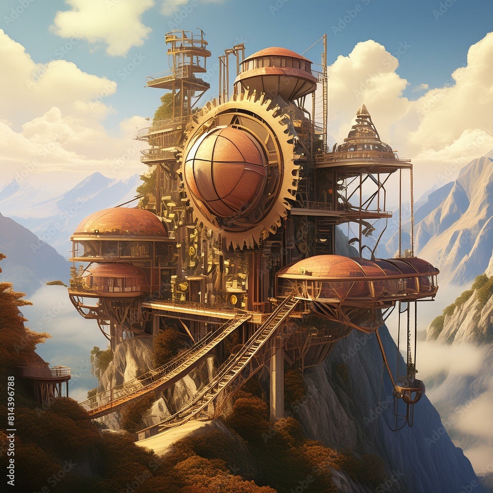 A futuristic steampunk mountain range with mechanical mines, gear-laden structures embedded A futuristic steampunk mountain range with mechanical mines, gear-laden structures embedded