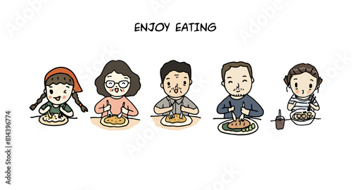 people eat food at table for breakfast, lunch or dinner, hand drawn vector illustration.