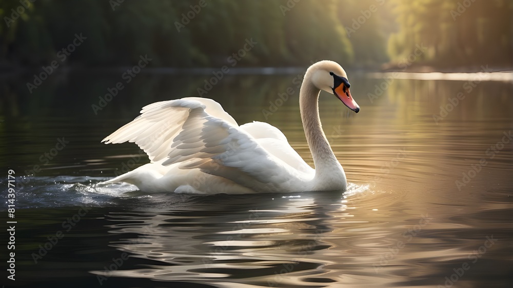 Fototapeta premium A graceful swan gliding across a serene lake, leaving ripples behind. --ar 3:2 --v 4 