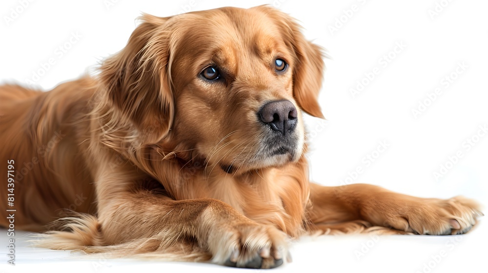 Golden Retriever Dog Resting on White Background Capturing Calm Friendly Canine Portraiture Golden Retriever Dog Resting on White Background Capturing Calm Friendly Canine Portraiture