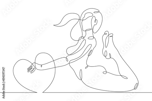 One continuous line.Beautiful woman holding a heart in her hands.Valentine's Day. Girl with a heart symbol of love. Continuous line drawing.Lineart isolated white background.