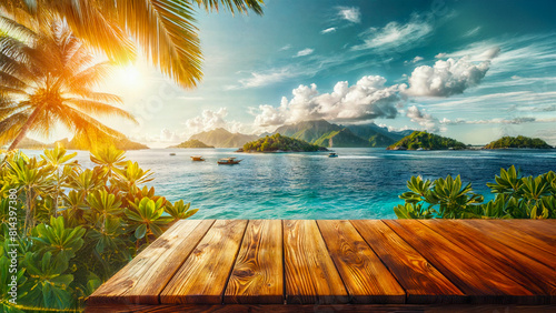 Tropical beach with empty wooden platform and bright blue sky and crystal clear waters