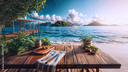 Tropical beach with empty wooden platform and bright blue sky and crystal clear waters. Landscape with romantic table and chairs, palm trees, stones, sea or ocean, bushes and rocks. Place for rest.  photo