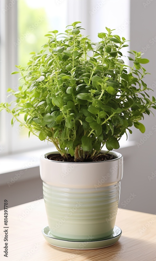 Aromatic green potted thyme on white wooden table. Aromatic green potted thyme on white wooden table.