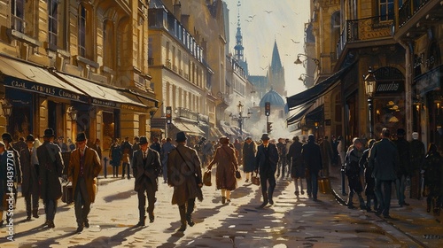 A busy European street scene with many people walking about and buildings on either side of the street. photo