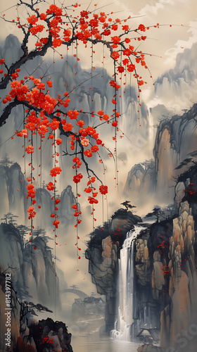 waterfall tree red flowers foreground chinese lanterns stunning craggy mountains museum city drip enchanted dreams temple white blossoms photo