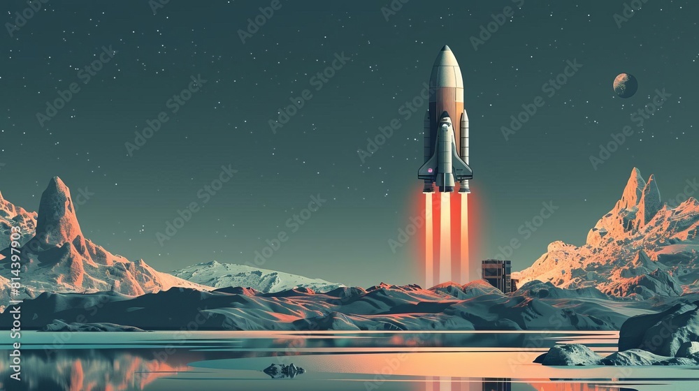 Fototapeta premium The rocket is taking off from the moon.