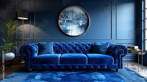 Close-up of a modern monochromatic living room showcasing a deep blue velvet sofa, matching drapes, and varied textures, rendered hyperrealistically with a focus on luxury and cohesion, no people 