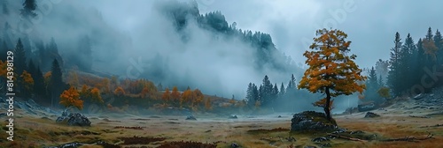 Mountain scenery in the Transylvanian Alps in autumn, with mist clouds realistic nature and landscape photo