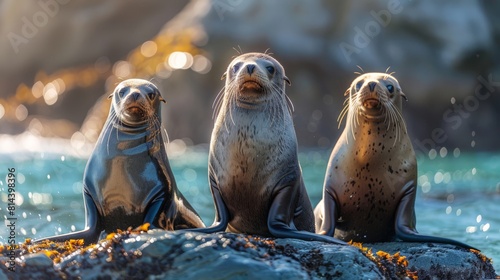 Candid portrait of several sea lions sitting on a rock in the azure sea 
