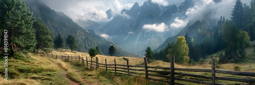 Mountain scenery way and wooden fence in Stilluptal Mayrhofen Austria Tirol realistic nature and landscape photo