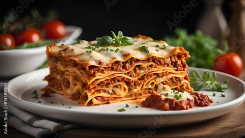 Presentation of a dish featuring a portion of ready-to-eat lasagna  culinary photography