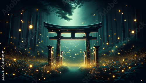 Enchanted Evening: Fireflies Dancing Around a Torii Gate
