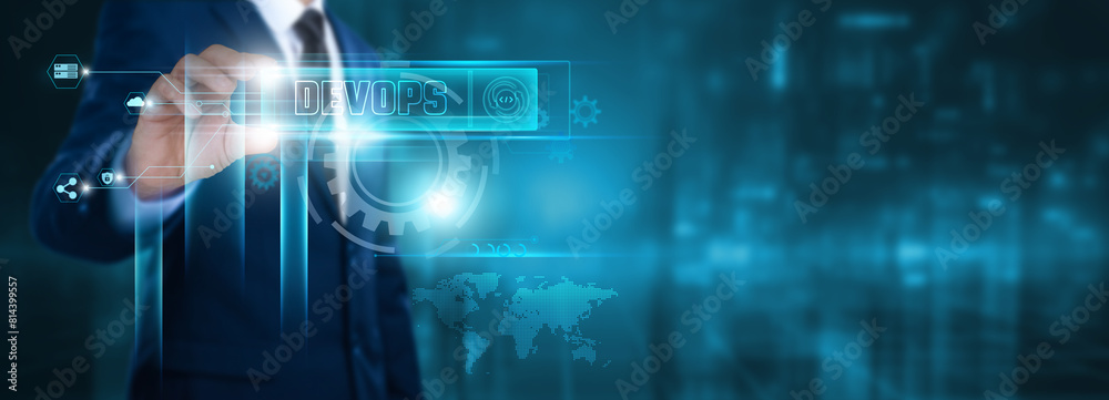 DevOps: Businessman holding text and icon of DevOps on virtual interface. Continuous Integration, Continuous Delivery, Collaboration. DevOps: Businessman holding text and icon of DevOps on virtual interface. Continuous Integration, Continuous Delivery, Collaboration.