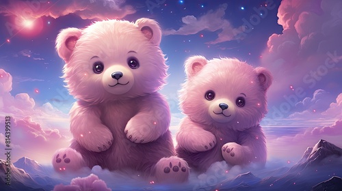 Two cute teddy bears sitting in the sky