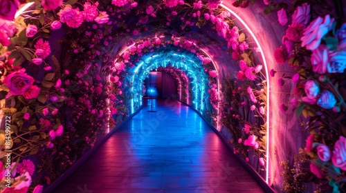Enchanting illuminated floral tunnel featuring vibrant  glowing flowers in a dreamlike setting  creating a magical and surreal atmosphere for viewers.