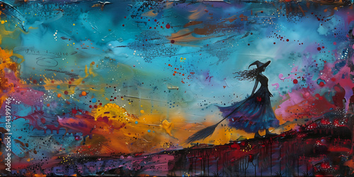 woman long dress broom sorceress witch paint pour flying horizon magical colors atmosphere spinning whirlwind tattered wings wearing cloak scarecrow signature chocolate
