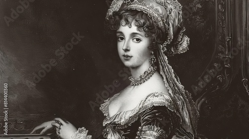 A young woman dressed in the lavish fashion of the French royal family, 1700s, copperplate engraving photo