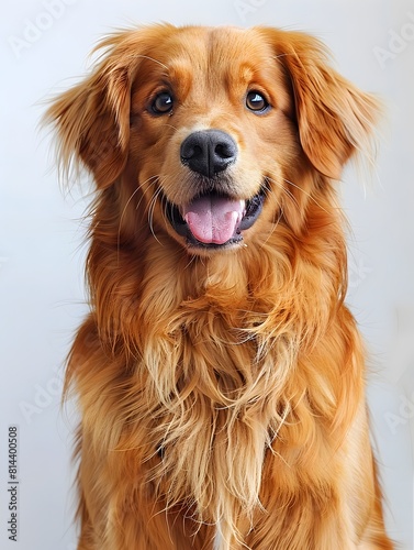 Golden retriever dog with friendly happy facial expression in front of simple white background