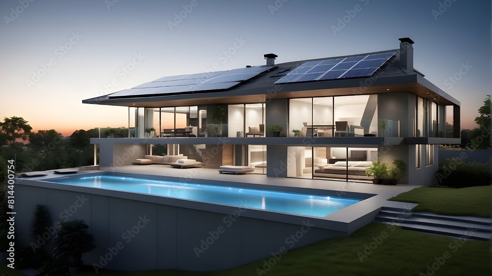 Fototapeta premium Utilizing cutting-edge technology and automation, the smart house rooftop system maximizes efficiency, maximizes energy usage, and monitors performance—a demonstration of the integration of renewable 