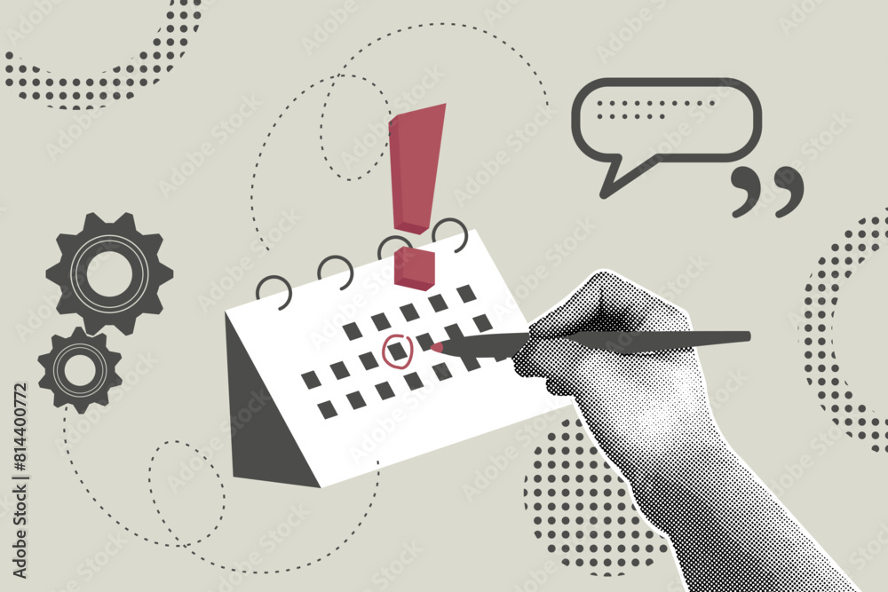 Trendy halftone collage of business concept. Illustration of planning,calendar,research,business report.Vector illustration of web banner,social media banner.