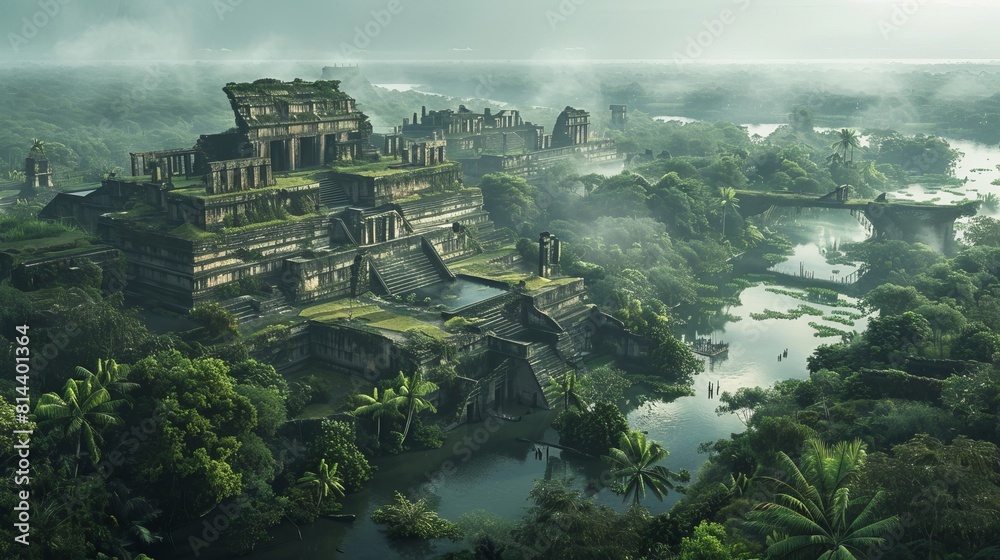 Fototapeta premium Photo of ancient city ruins, featuring hieroglyphs, lost in the Amazon River