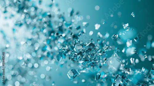 A dynamic commercial featuring half-screen display of small, flyaway plastic granules in an exciting blue-turquoise color scheme photo